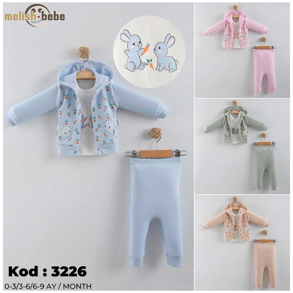 Melish Bebe 3226 Bebe Penye Sevimli Tavşan Baskılı Hırkalı 3 Lü Takım 3-9 Ay
