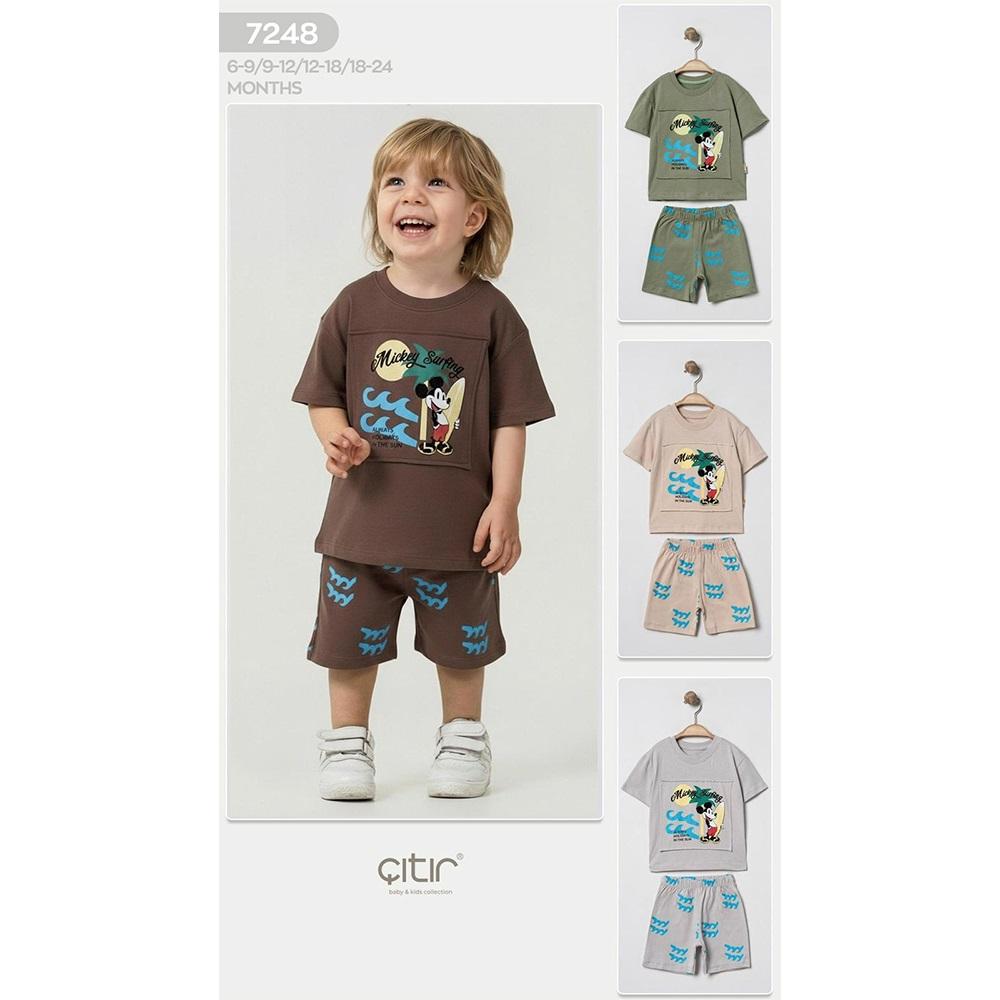 Kids Wear 7248 Erkek Bebe Penye Mickey Mouse Surfing Baskılı Şortlu Takım 6-18 Ay