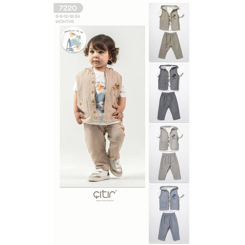 Çıtır Kids 7220 Erkek Bebe Penye Çizgili Palmiye Nakışlı Kapşonlu Şortlu Takım 6-18 Ay