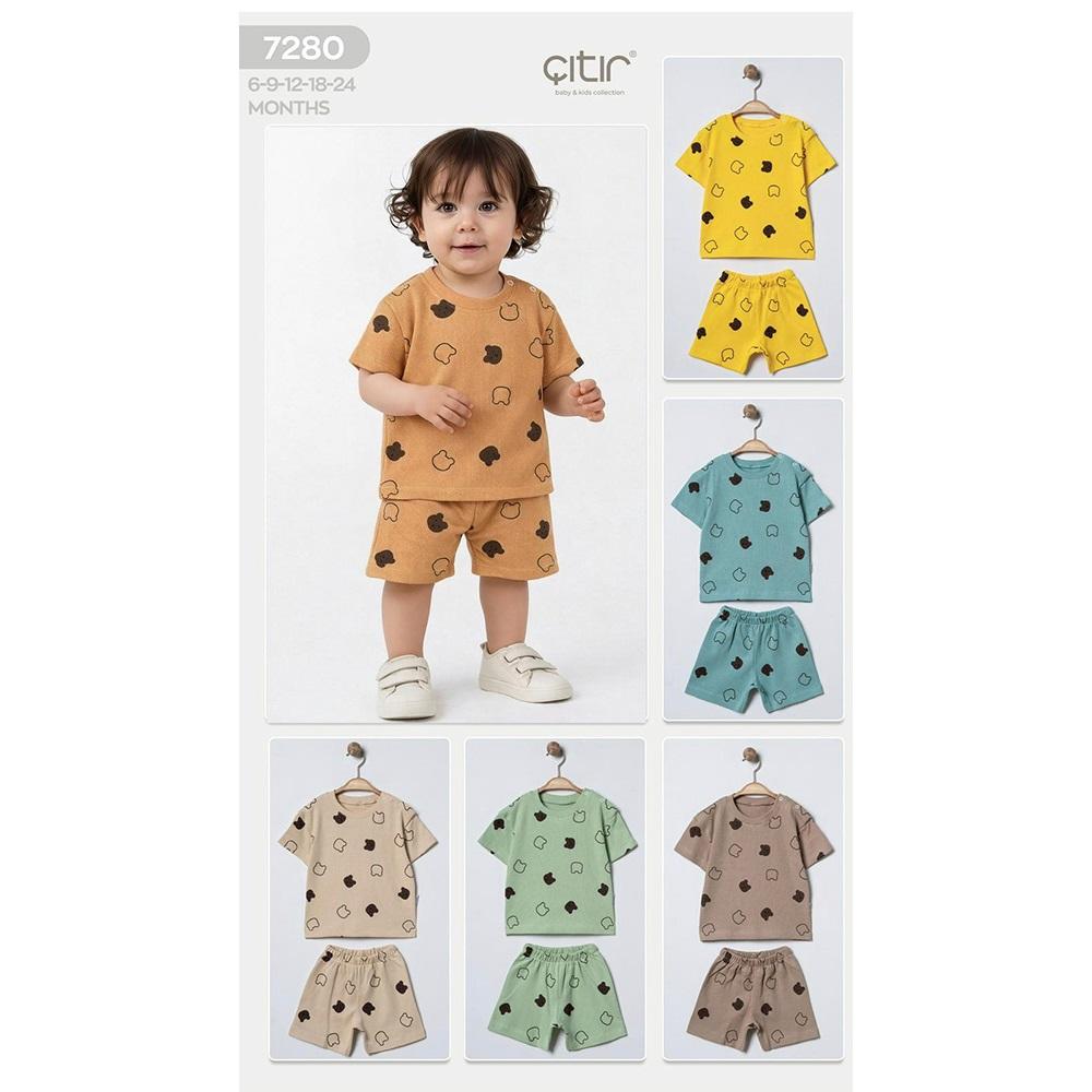 Çıtır Kids 7280 Erkek Bebe Waffle Kumaş Sevimli Ayıcık Baskılı Şortlu Takım 6-18 Ay