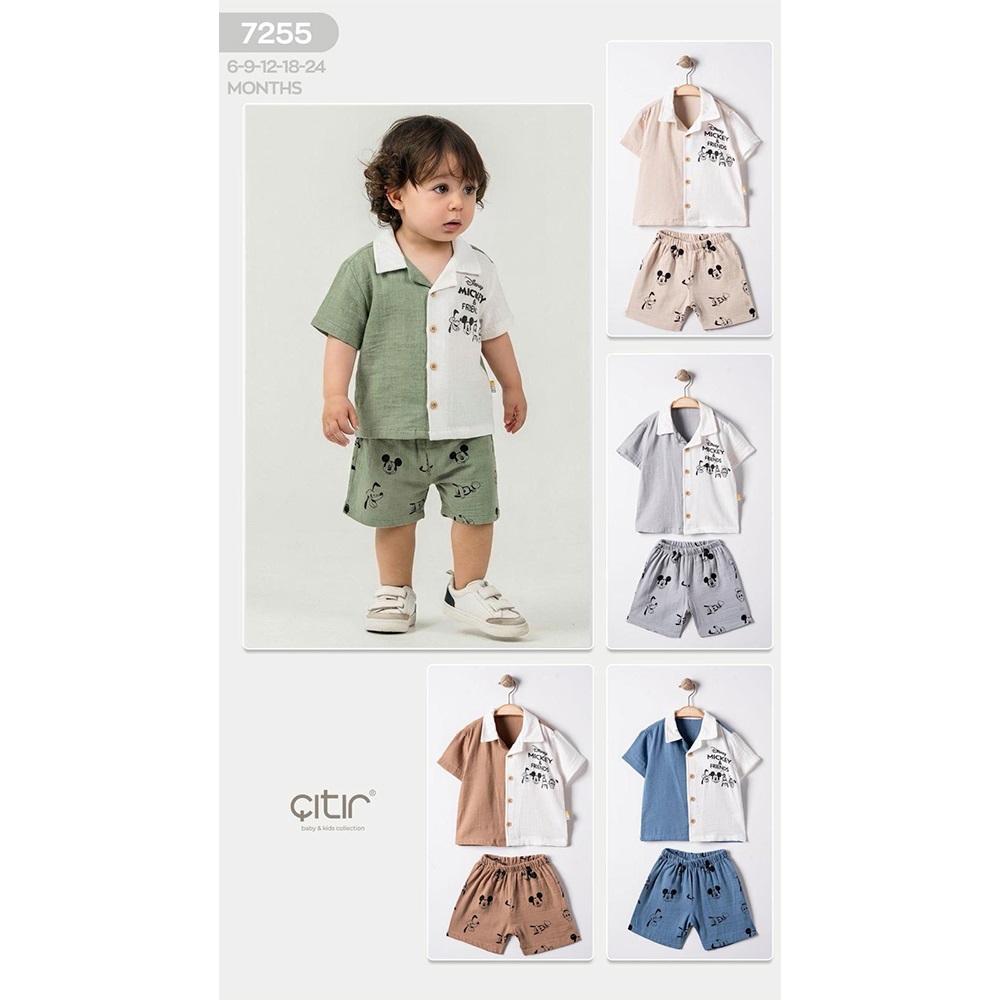 Kids Wear 7255 Erkek Bebe Müslin Mickey Mouse Baskılı Şortlu Takım 6-18 Ay