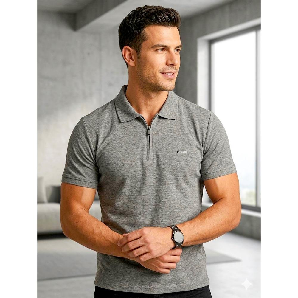 By Alaz 610 Erkek Kağı Kumaş Armalı Yaka Fermuarlı Tişört S-2XL