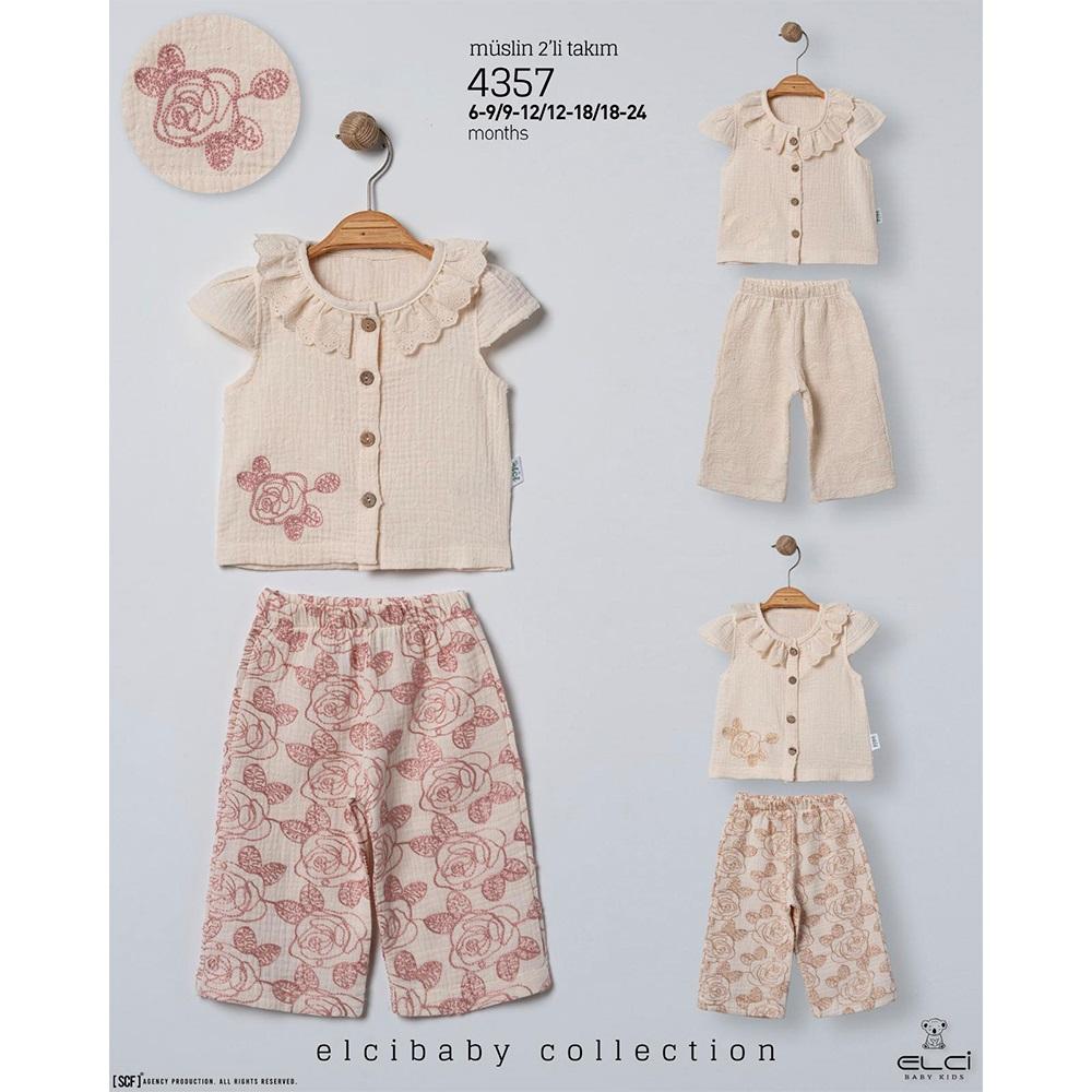 Elci 4357 Kız Bebe Müslin Çiçek Nakışlı Takım 6-24 Ay