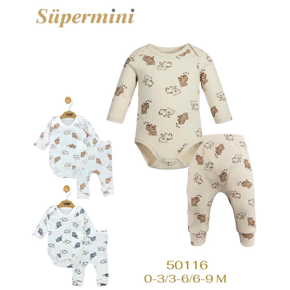 Süpermini 50116 Bebe Penye Sevimli Yavru Ayıcıklar Baskılı Çıtçıtlı Badili Takım 3-9 Ay