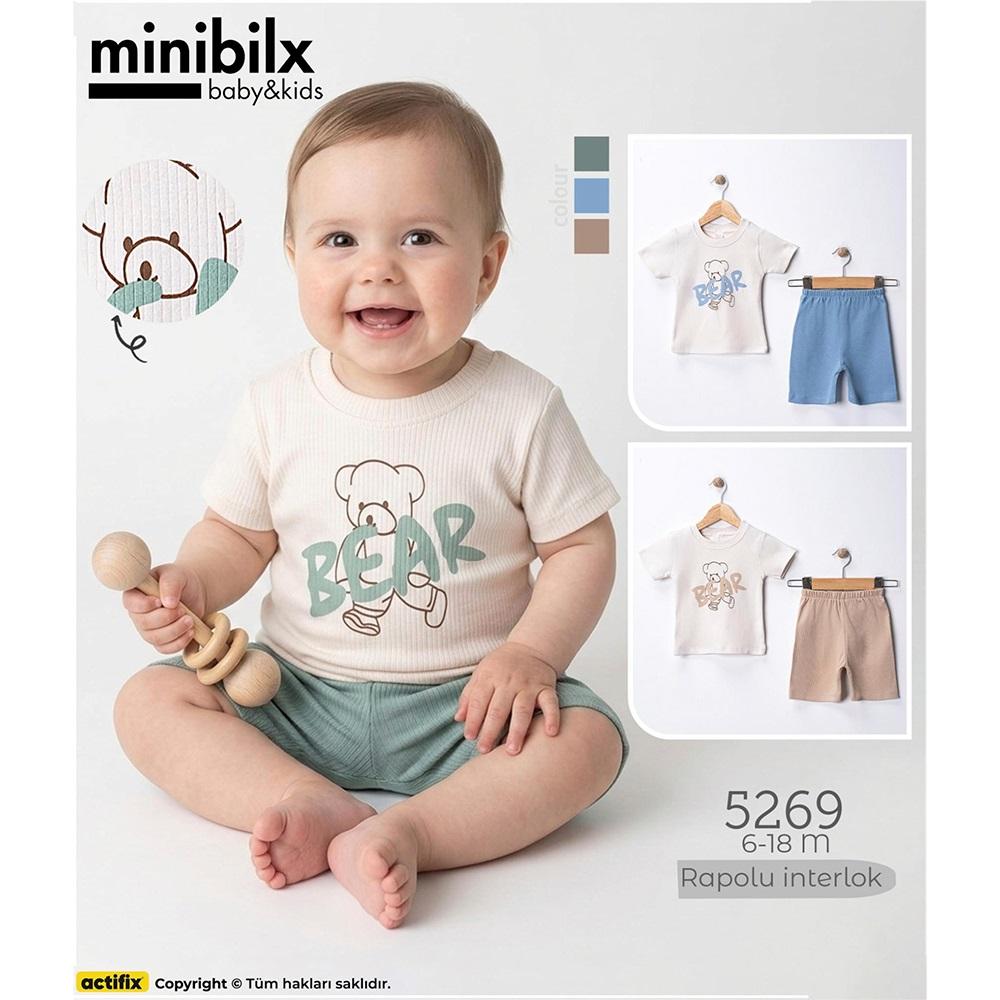 Minibilx 5260 Erkek Bebe Penye Rapolu Bear Baskılı Şortlu Takım 6-18 Ay