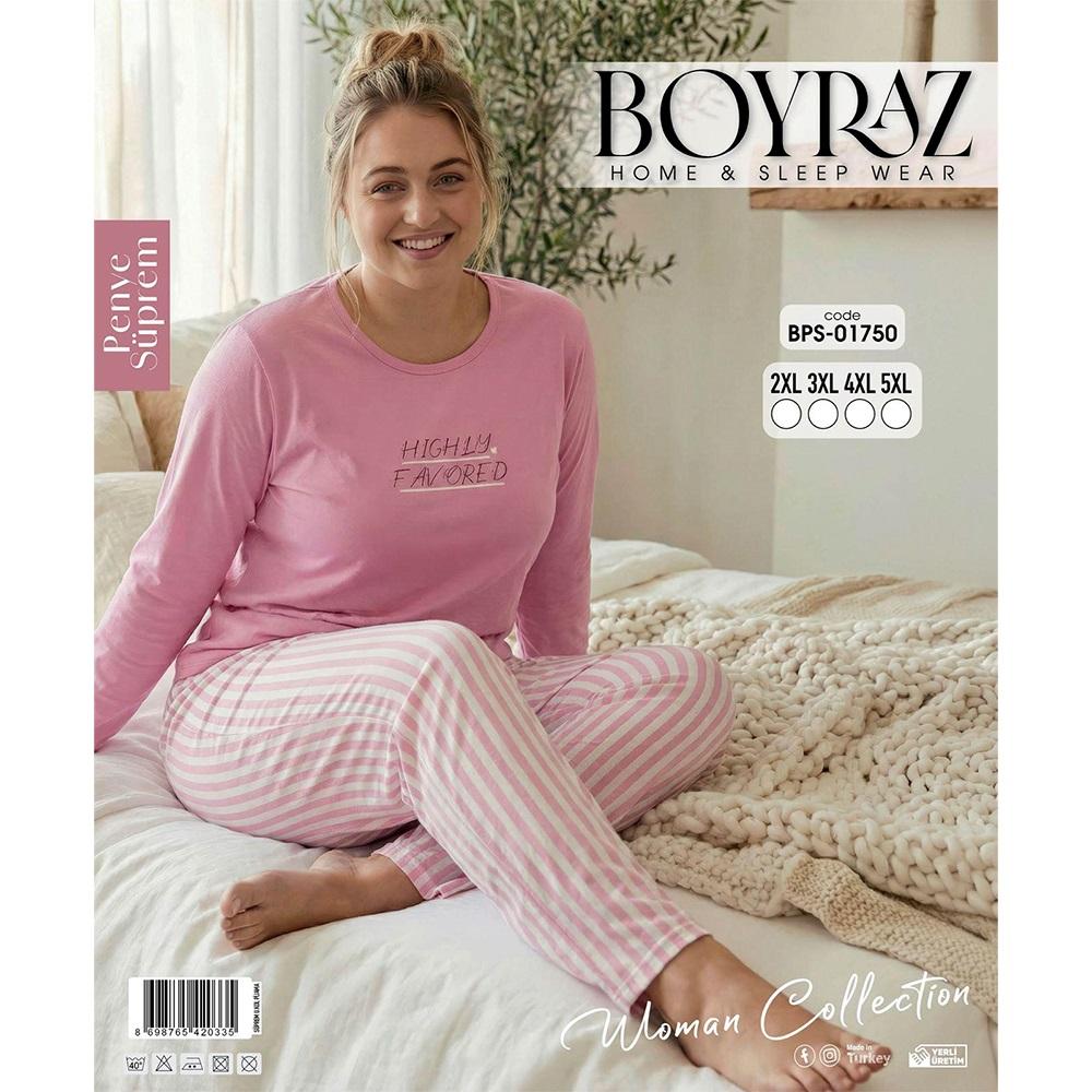 Boyraz BPS-01750 Bayan Penye Süprem Battal Desenli Uzun Kollu Pijama Takımı 2XL-5XL