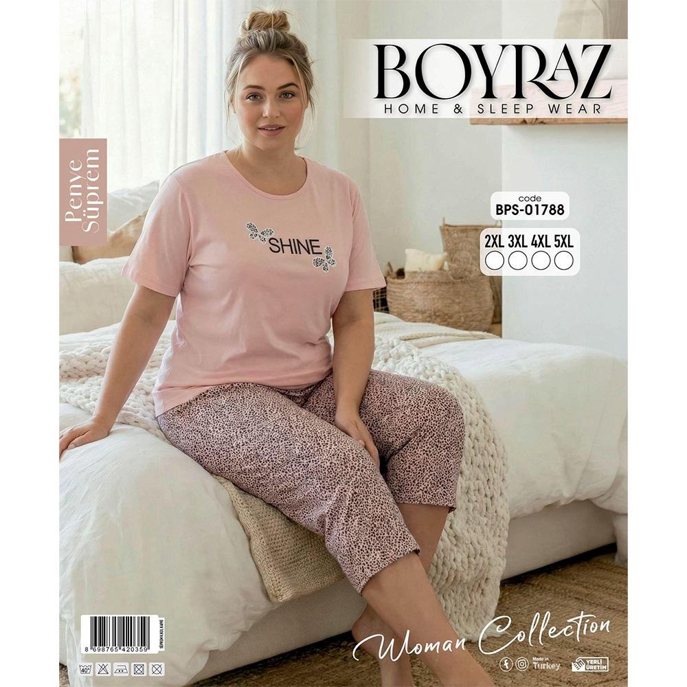 Boyraz BPS-01788 Bayan Penye Süprem Battal Desenli Kısa Kollu Bermuda Pijama Takımı 2XL-5XL