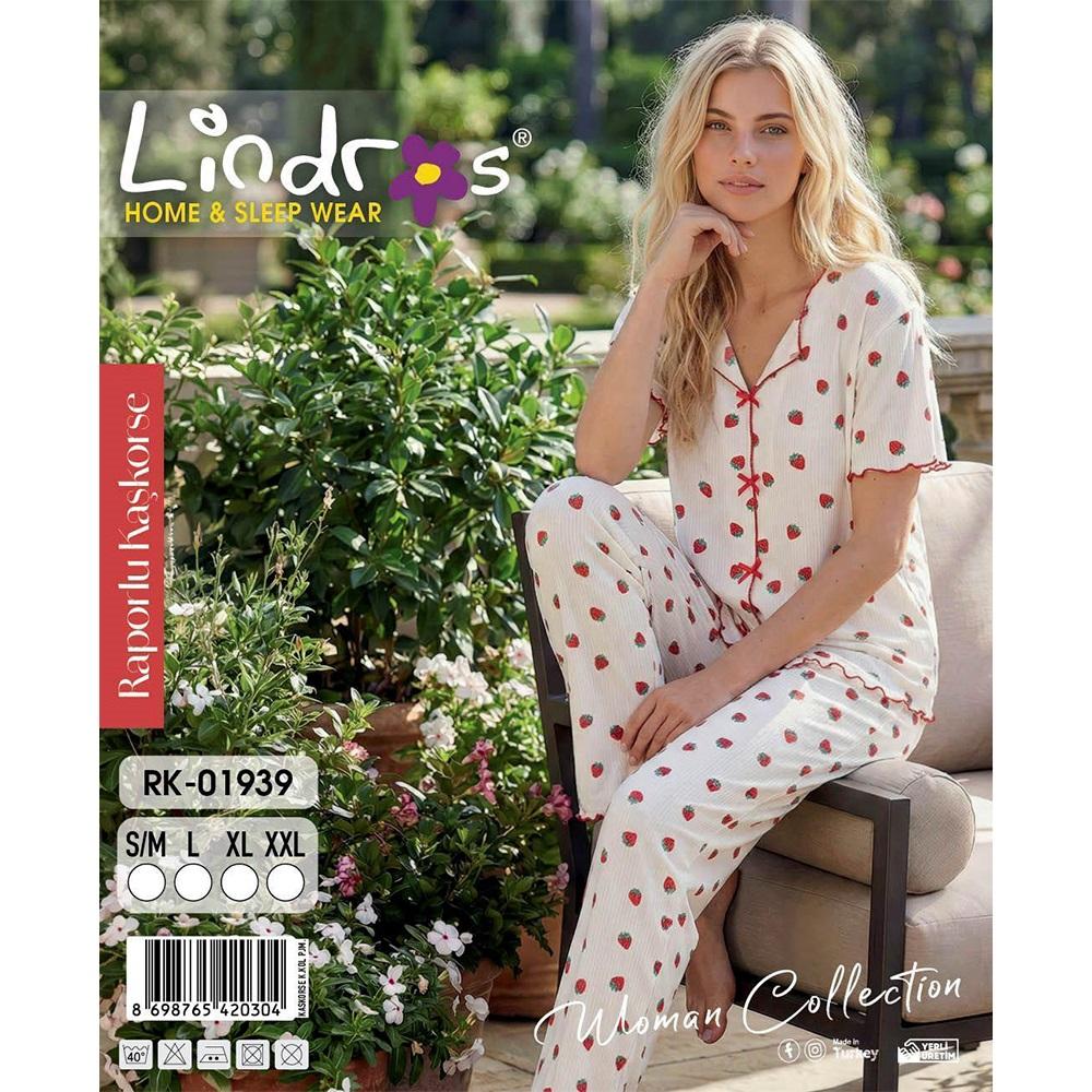 Lindros RK-01939 Bayan Raporlu Kaşkorse Desenli Kısa Kollu Pijama Takımı S-2XL