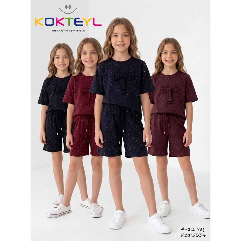 Kokteyl 5635 Kız Çocuk Penye Puantiye Baskılı Fiyonklu Takım 4-12 Yaş