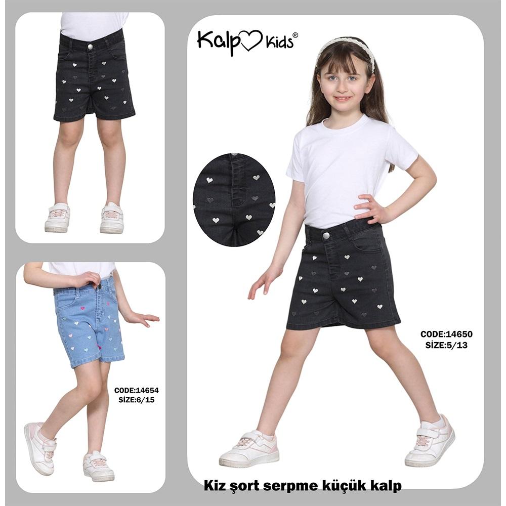 Kalp Kids 14654 Kız Çocuk Serpme Küçük Kalp Nakışlı Kot Şort 4-13 Yaş