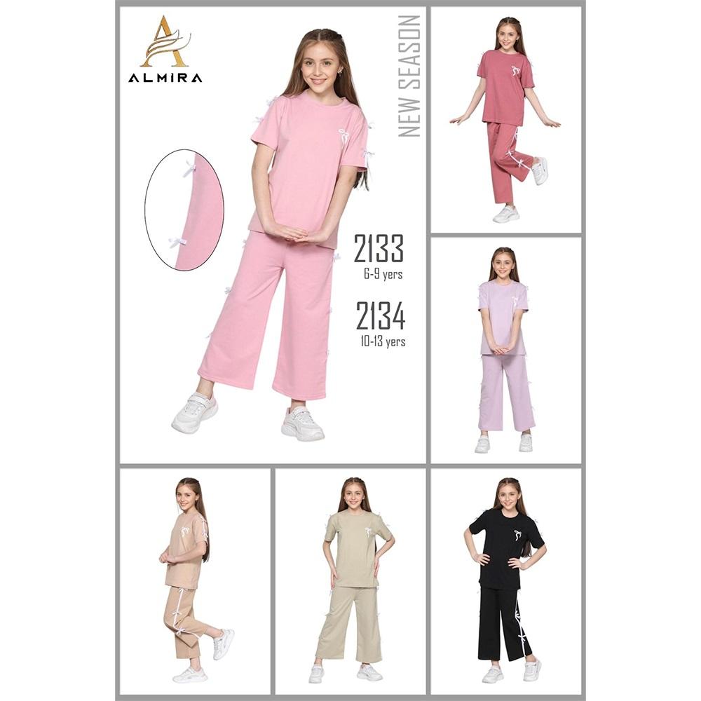 Almira Kids 2133 Kız Çocuk Penye Fiyonk Baskılı Yan Şerit Kurdeli Takım 6-9 Yaş
