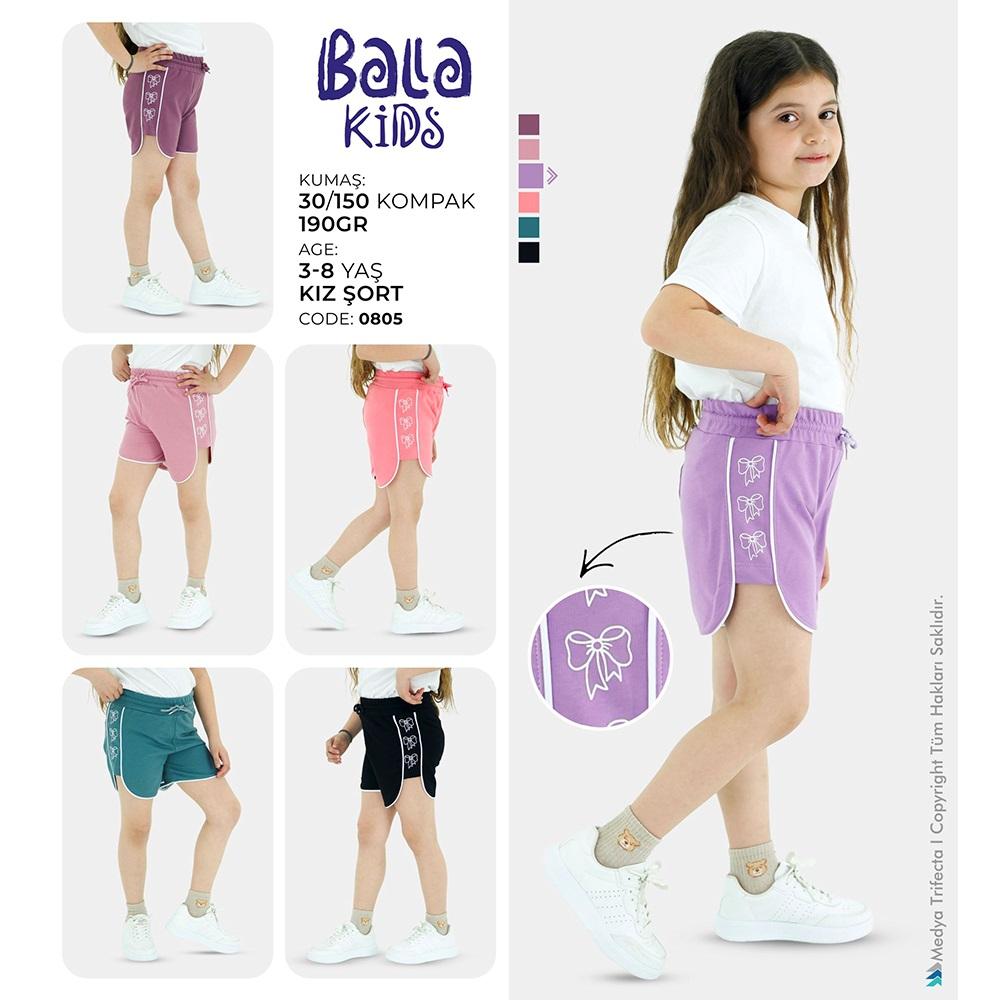 Bala 0805 Kız Çocuk Kompak Penye Garni Kıl Biyeli Fiyonk Baskılı Şort 3-8 Yaş