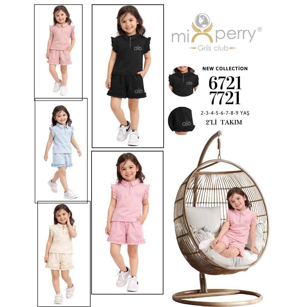 Mixperry 6721 Kız Çocuk Oysho Alo Taş Nakışlı Kol Fırfırlı Fermuarlı Şort Takım 2-5 Yaş
