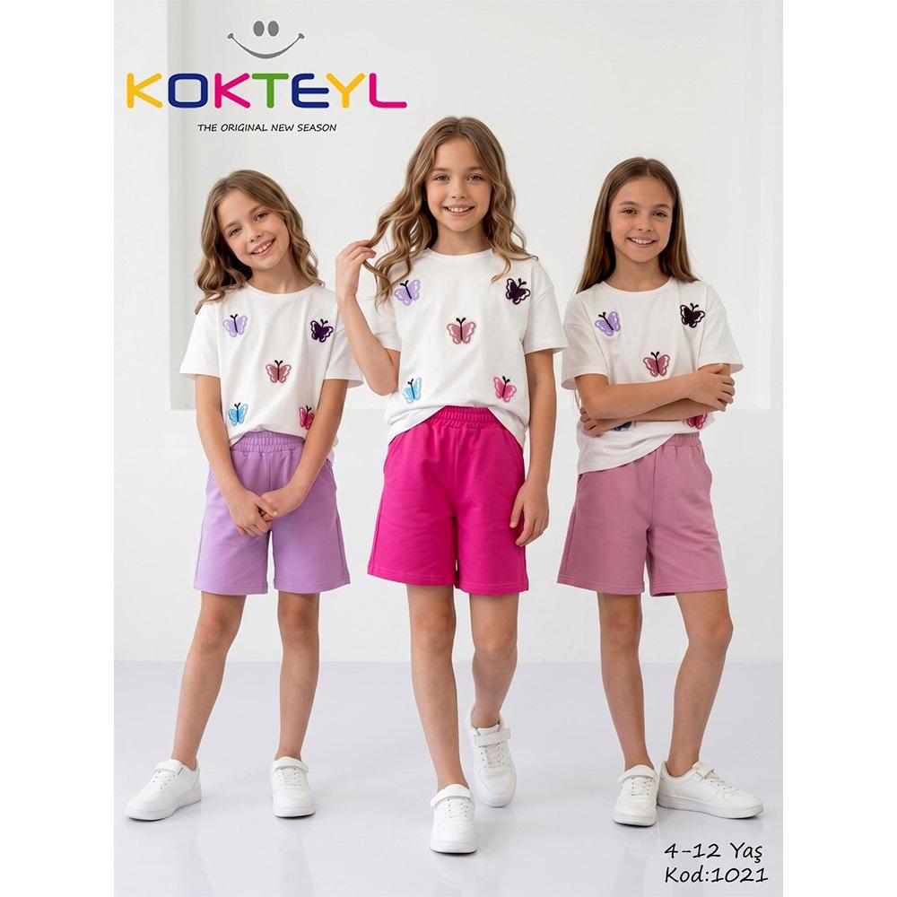Kokteyl 1021 Kız Çocuk Penye Kelebek Nakışlı Şortlu Takım 4-12 Yaş