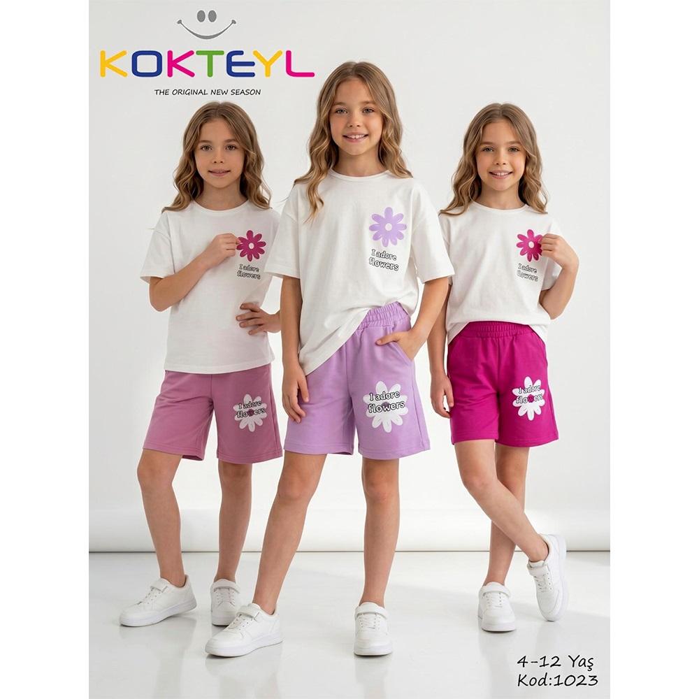 Kokteyl 1023 Kız Çocuk Penye Papatya Baskılı Şortlu Takım 4-12 Yaş