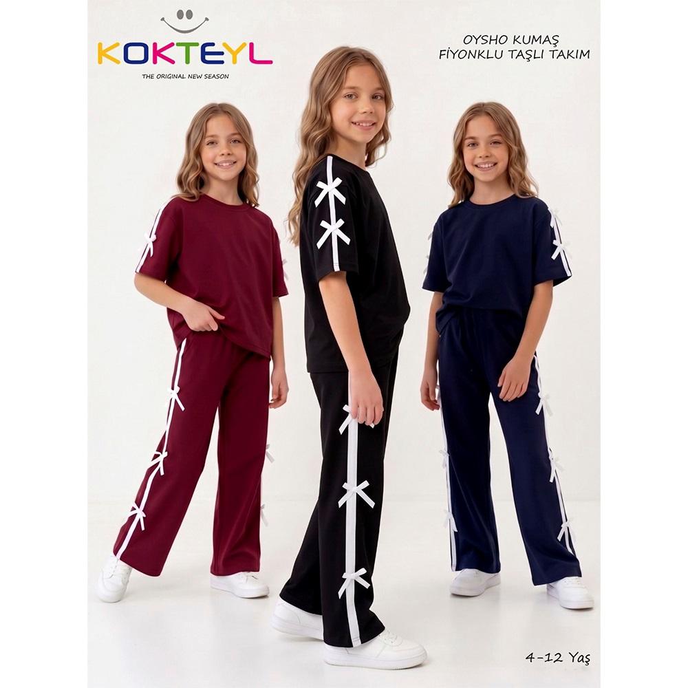 Kokteyl 9101 Kız Çocuk Oysho Şeritli Fiyonklu Takım 4-12 Yaş