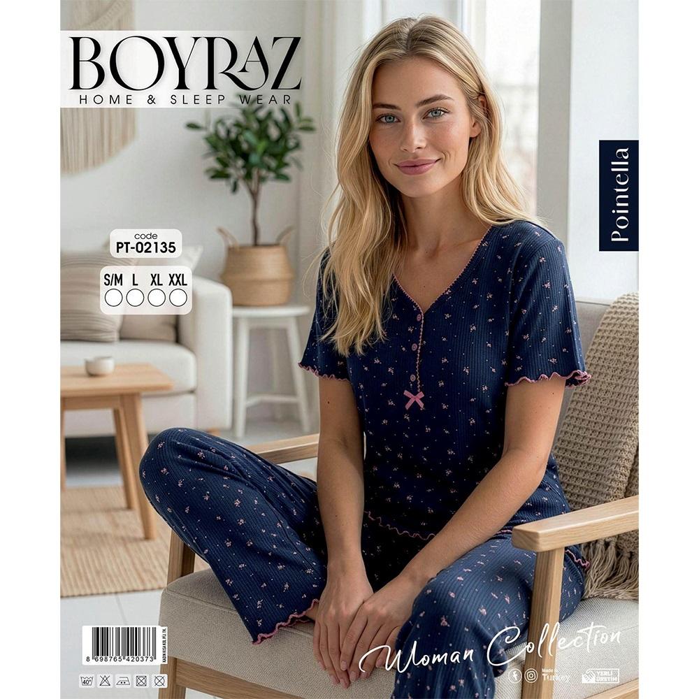 Boyraz PT-02135 Bayan Pointella 3 Düğmeli Desenli Kısa Kol Pijama Takımı S-2XL