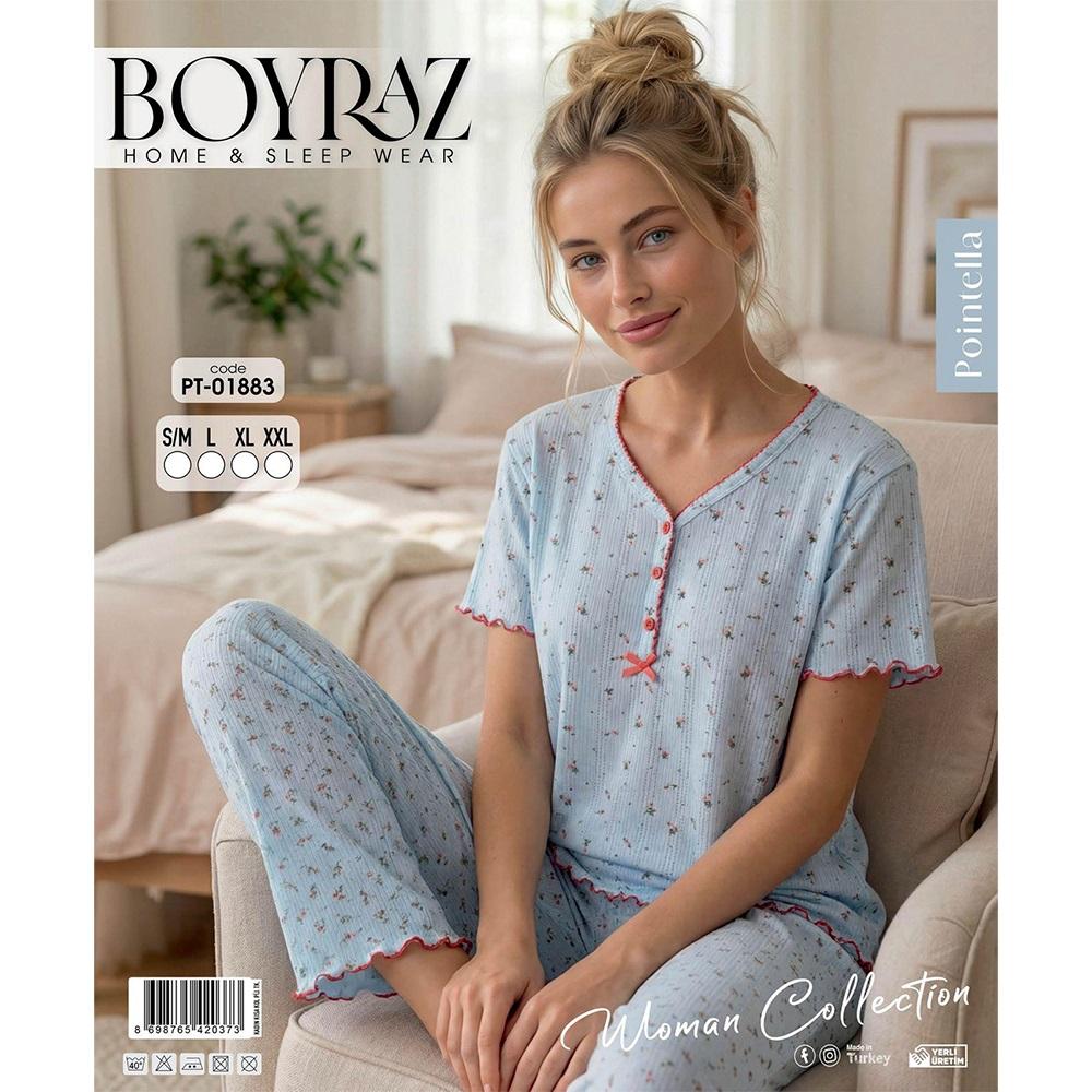 Boyraz PT-01883 Bayan Pointella 3 Düğmeli Desenli Kısa Kol Pijama Takımı S-2XL