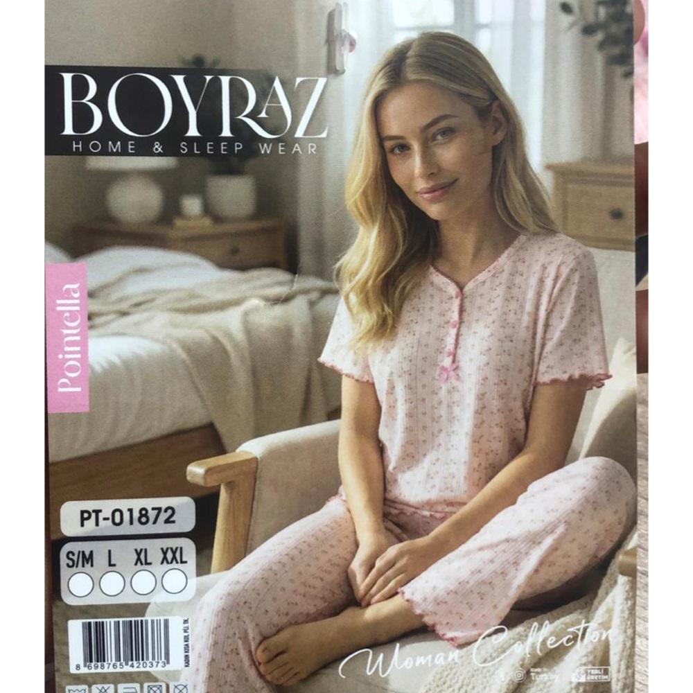 Boyraz PT-01872 Bayan Pointella 3 Düğmeli Desenli Kısa Kol Pijama Takımı S-2XL