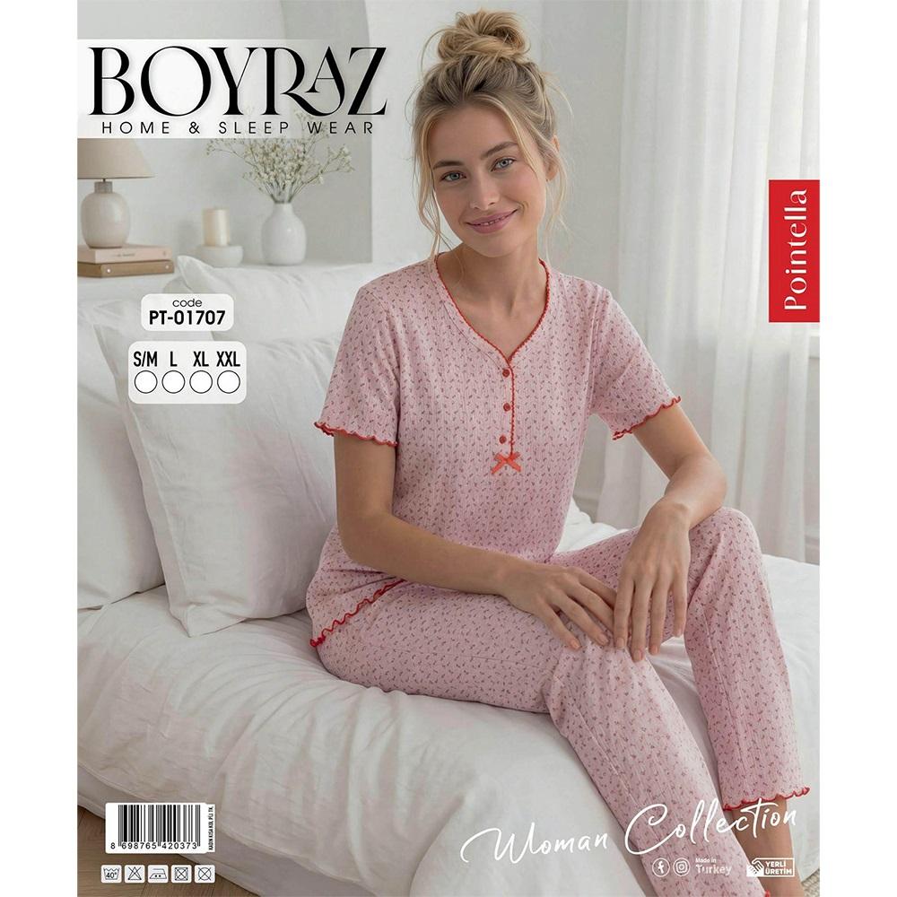 Boyraz PT-01707 Bayan Pointella 3 Düğmeli Desenli Kısa Kol Pijama Takımı S-2XL