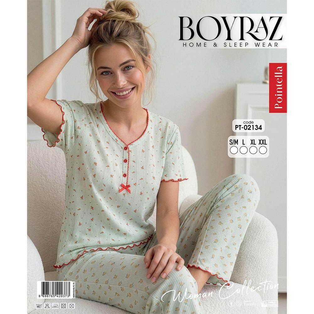 Boyraz PT-02134 Bayan Pointella 3 Düğmeli Desenli Kısa Kol Pijama Takımı S-2XL