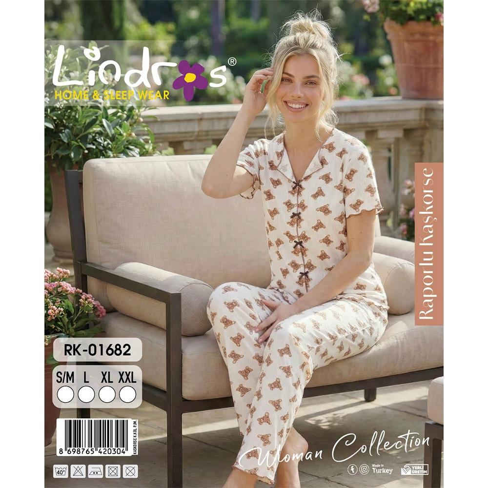 Lindros RK-01682 Bayan Raporlu Kaşkorse Desenli Kısa Kollu Pijama Takımı S-2XL