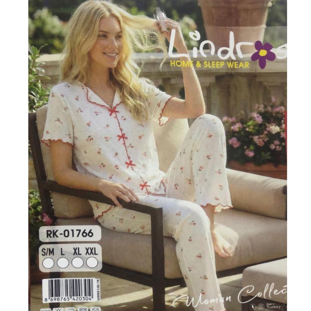 Lindros RK-01766 Bayan Raporlu Kaşkorse Desenli Kısa Kollu Pijama Takımı S-2XL