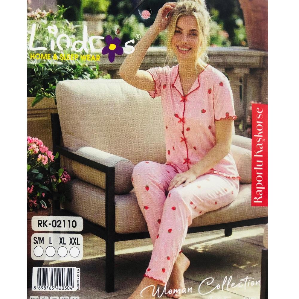 Lindros RK-02110 Bayan Raporlu Kaşkorse Desenli Kısa Kollu Pijama Takımı S-2XL