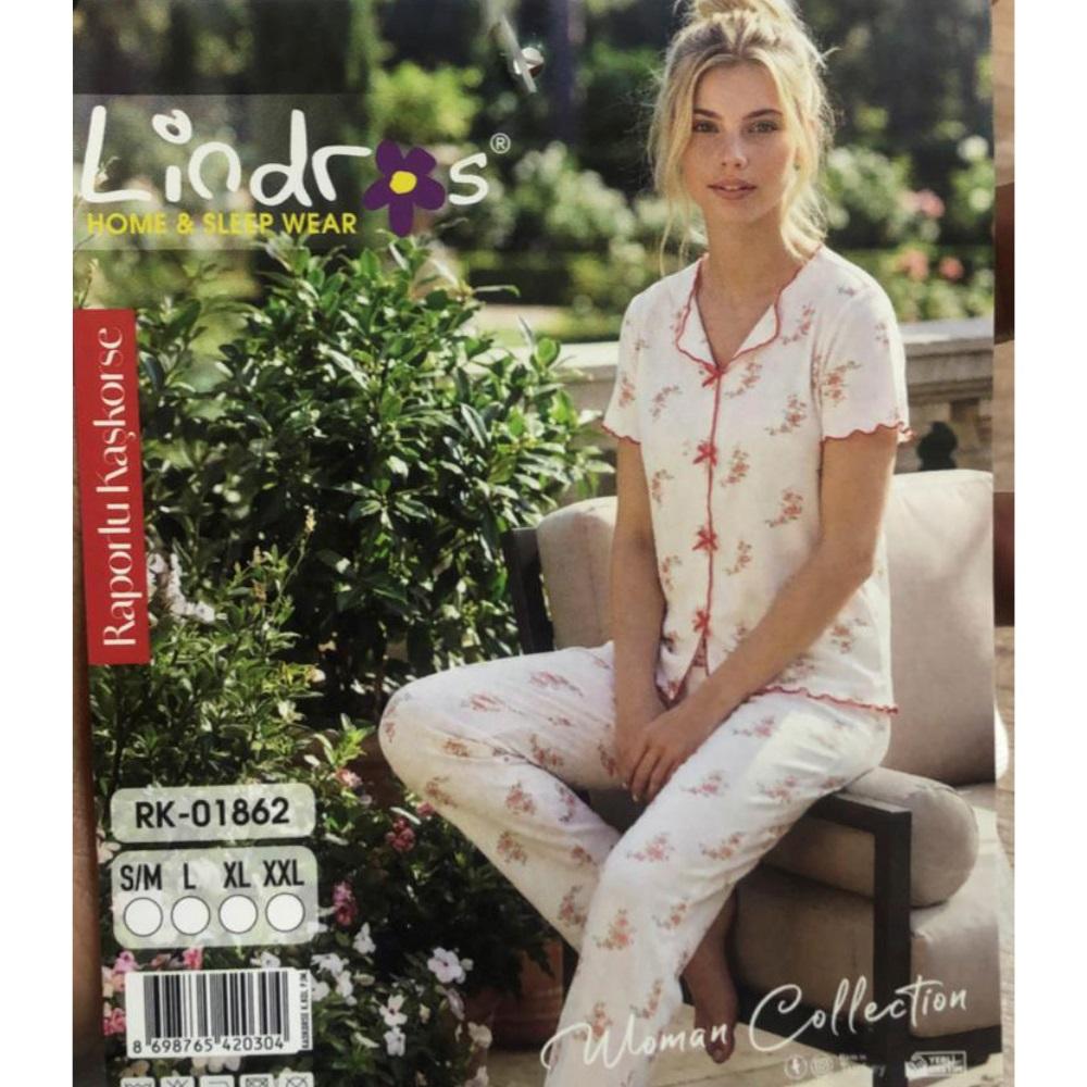 Lindros RK-01862 Bayan Raporlu Kaşkorse Desenli Kısa Kollu Pijama Takımı S-2XL