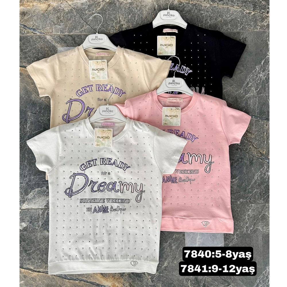 Pançiko 7840 Kız Çocuk Penye Dreamy Pano Taşlı Dantelli Tişört 5-8 Yaş