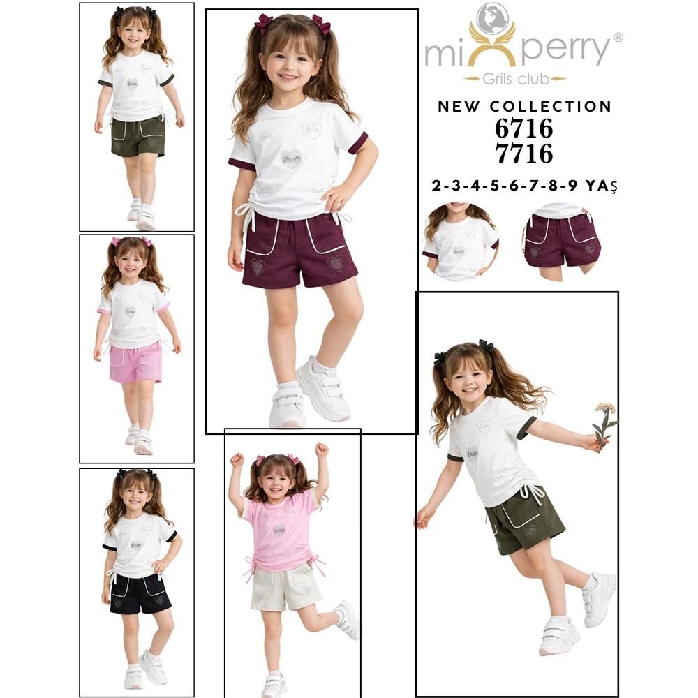 Mixperry 6716 Kız Çocuk Penye Üst Ve Alt Taşlı Nakışlı Şort Takım 2-5 Yaş