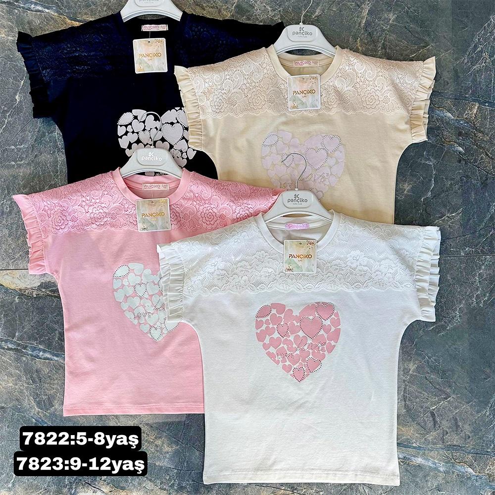 Pançiko 7822 Kız Çocuk Kalp Baskılı Omuz Dantelli Tişört 5-8 Yaş