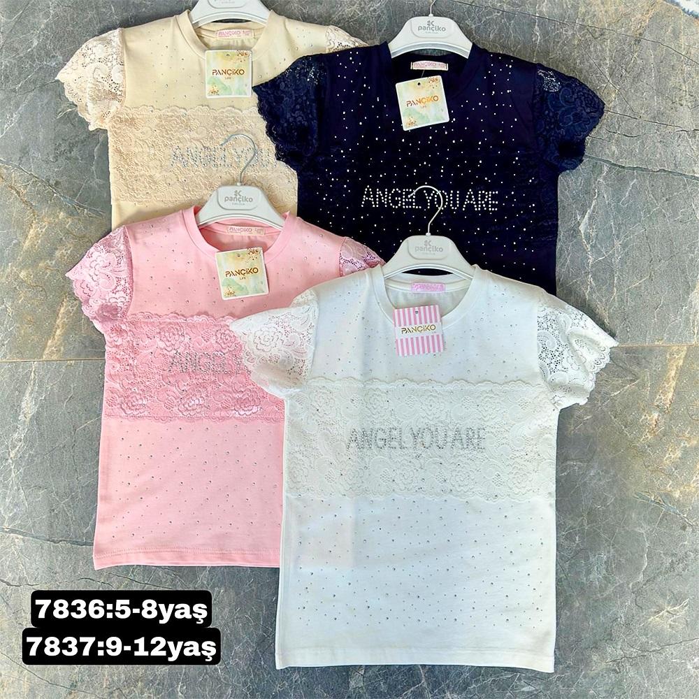 Pançiko 7836 Kız Çocuk Penye Angel Taşlı Dantelli Tişört 5-8 Yaş