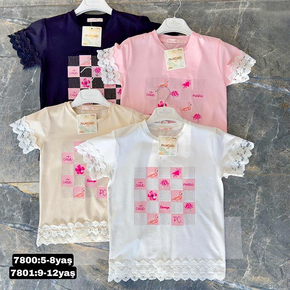 Pançiko 7801 Kız Çocuk Penye Kare FlamingoTaşlı Dantelli Tişört 9-12 Yaş