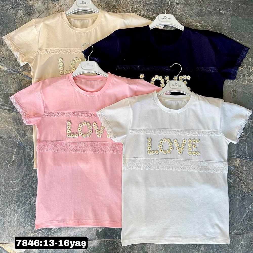 Pançiko 7846 Kız Çocuk Penye Love Papatyalı Baskılı Tişört 13-16 Yaş