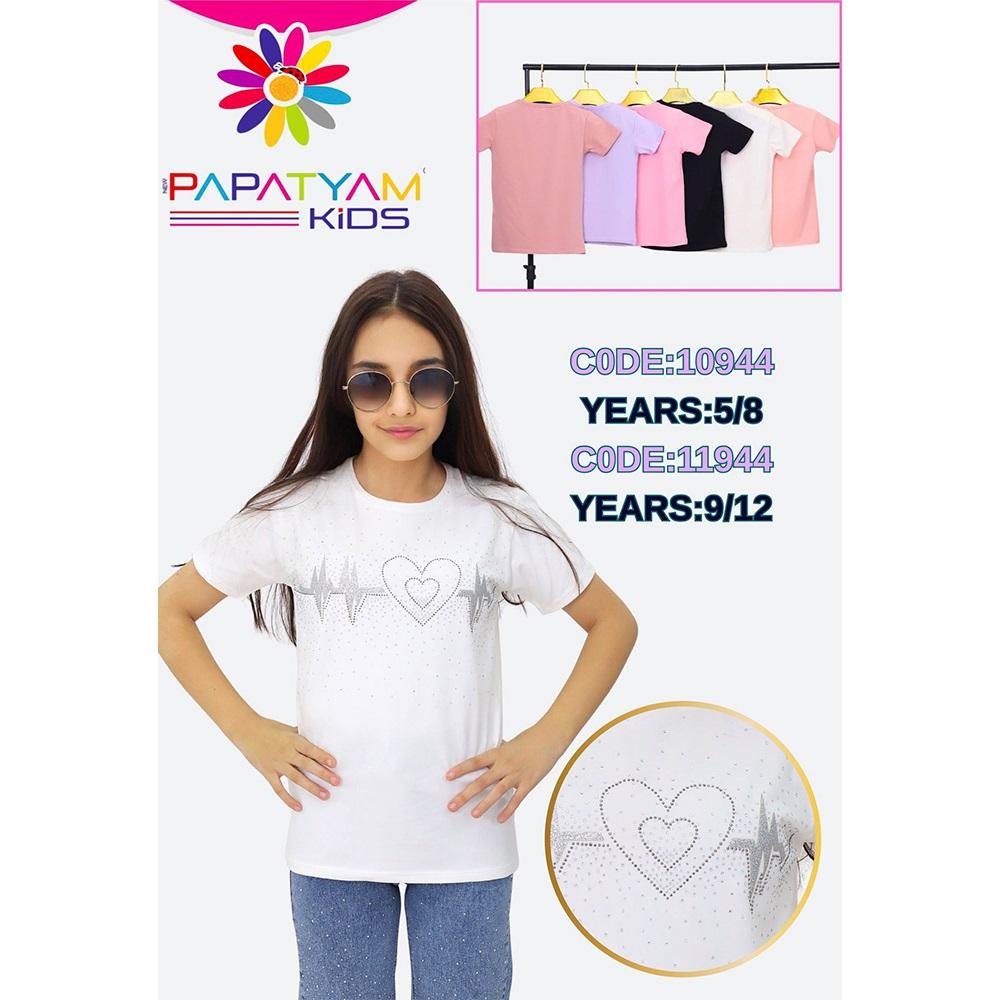 Papatyam Kids 10944 Kız Çocuk Penye Kalp Ritim Taşlı Ablikr Nakışlı Tişört 5-8 Yaş