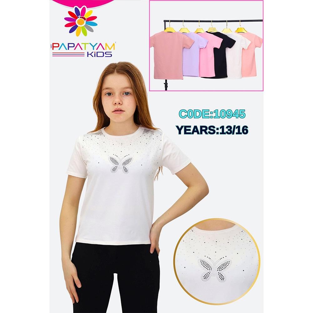 Papatyam Kids 10945 Kız Çocuk Penye Kelebek Komple Beden Taşlı Nakışlı Tişört 13-16 Yaş