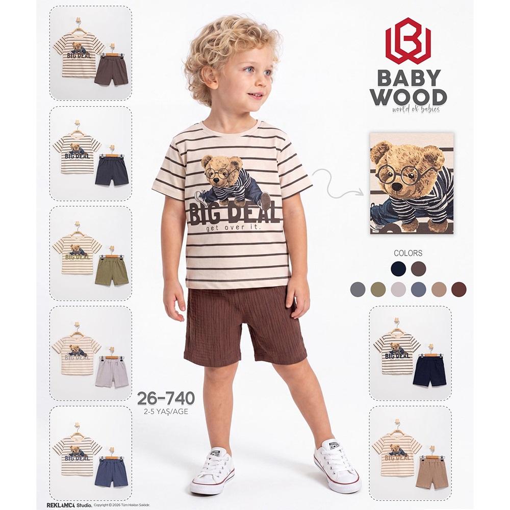 Babywood BW-26-740 Erkek Çocuk Penye Çizgili Sevimli Ayı Baskılı Alt Müslim Şortlu Takım 2-5 Yaş