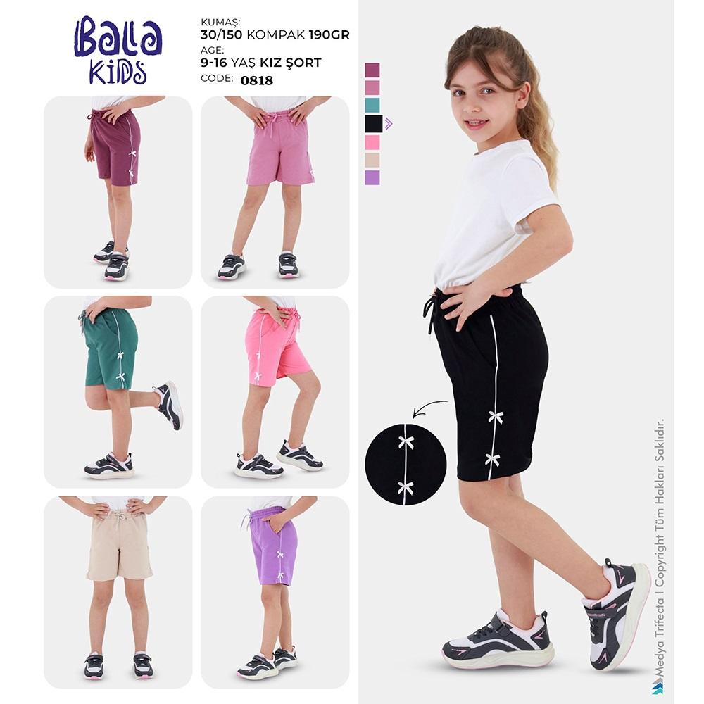 Bala Kids 0818 Kız Çocuk Kompak Penye Yan Kıl Biyeli Fiyonklu Şort 9-12 Yaş