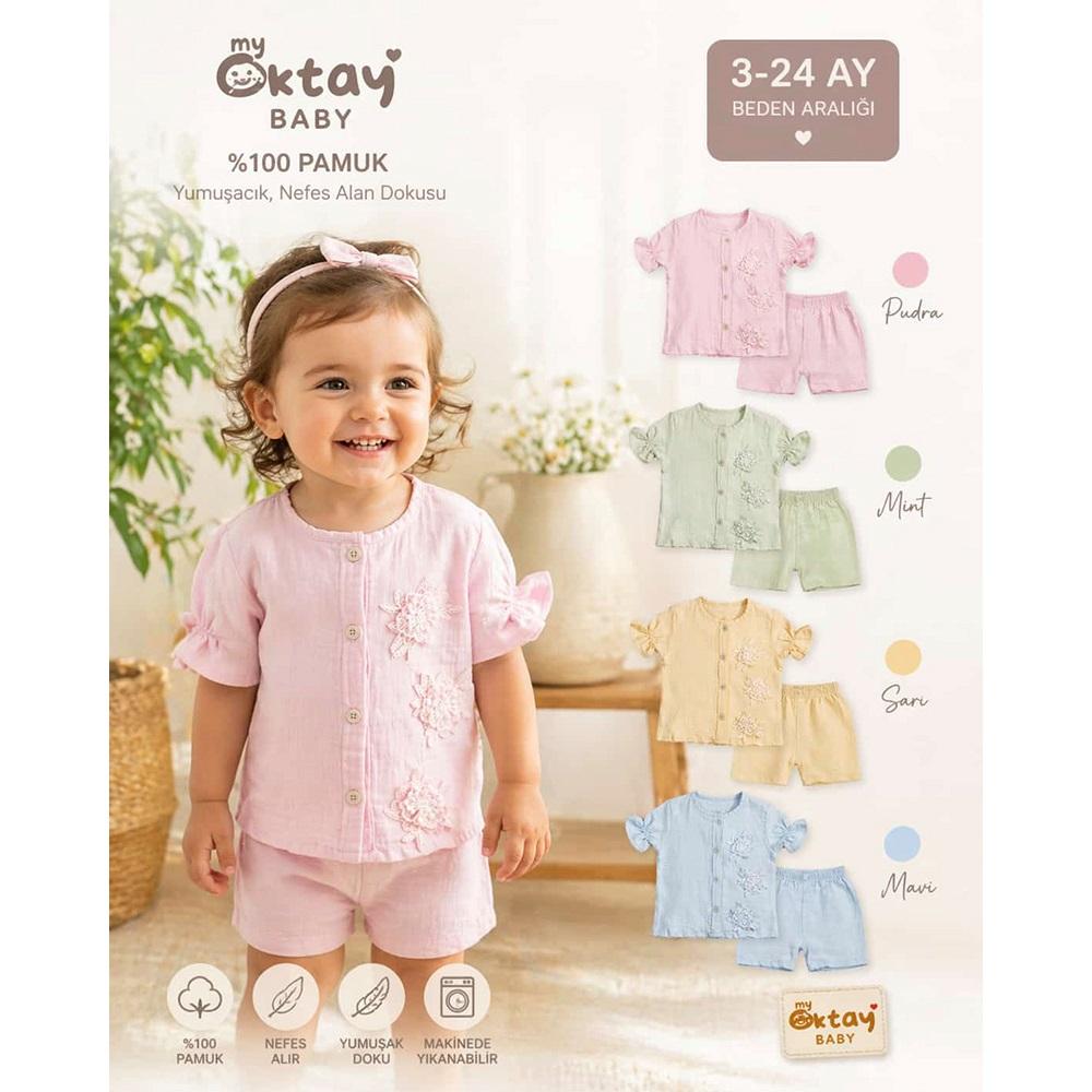 My Oktay 5047 Kız Bebe Müslin Çicek Danteli Şortlu Takım 6-24 Ay