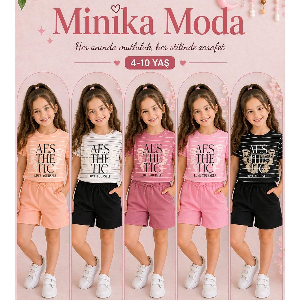 Minika Kız Çocuk Alt 2 İp Üst Çizgili Baskılı Şortlu Takım 3-10 Yaş