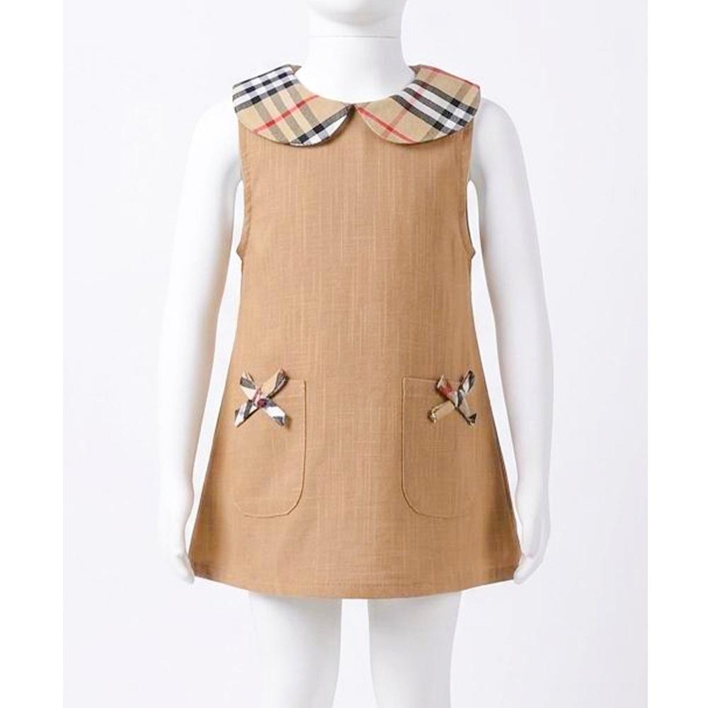 Kids Wear 07234 Kız Çocuk Penye Burberry Ekose Yakalı Cepli Elbise 6-24 Yaş