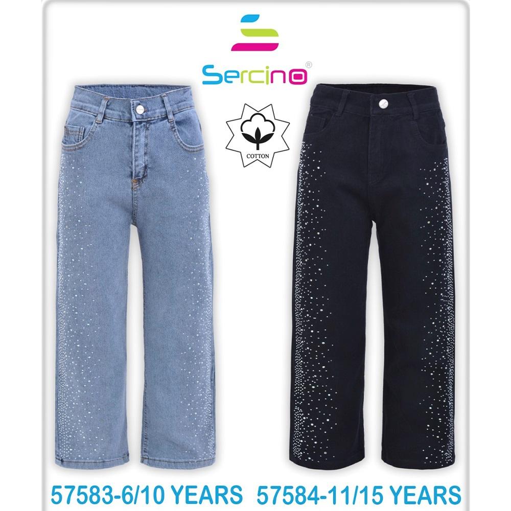 Sercino 57583 Kız Çocuk Regina Yan Taşlı Geniş Paça Pamuklu Kot Pantolon 6-10 Yaş
