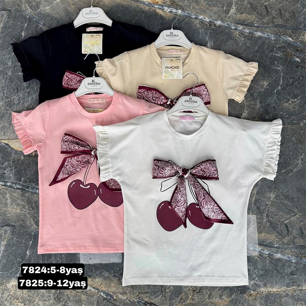 Pançiko 7824 Kız Çocuk Penye Vişne Fular Baskılı Kurdele Dantelli Tişört 5-8 Yaş