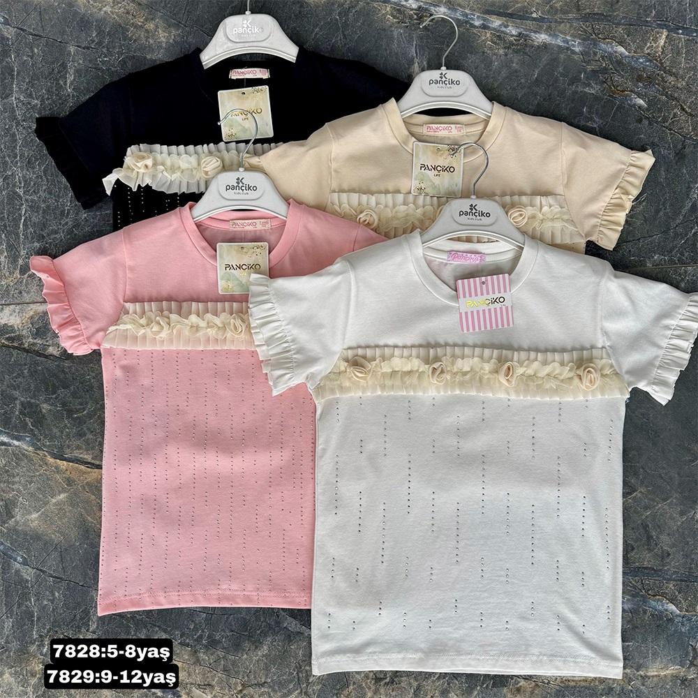 Pançiko 7829 Kız Çocuk Penye Göğüs Şerit Fırfırlı Dantelli Tişört 9-12 Yaş