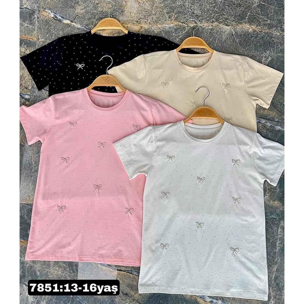 Pançiko 7804 Kız Çocuk Penye Beden Taşlı Serpme Fiyonk Nakışlı Tişört 5-8 Yaş