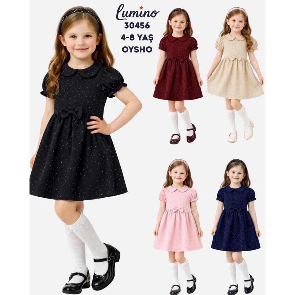 Lumino 30456-1 Kız Çocuk Oysho Taşlı Fiyonklu Kisa Kollu Elbise 4-8 Yaş