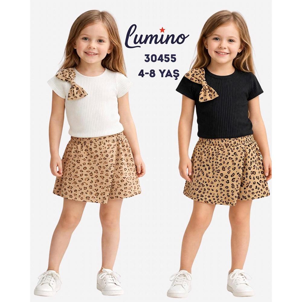 Lumino 30455 Kız Çocuk Penye Leopar Şort Etekli Takım 4-8 Yaş