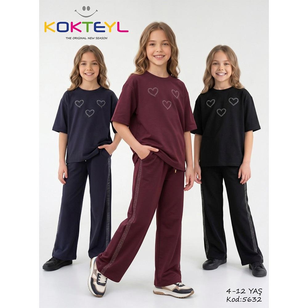 Kokteyl 5632 Kız Çocuk Oysho Kalp Taşlı Baskılı Takım 4-12 Yaş