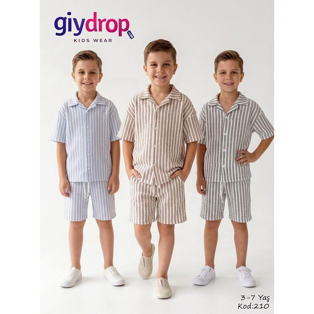 Giydrop 210 Erkek Çocuk Wafıl Çizgili Gömlek Şortlu Takım 3-7 Yaş